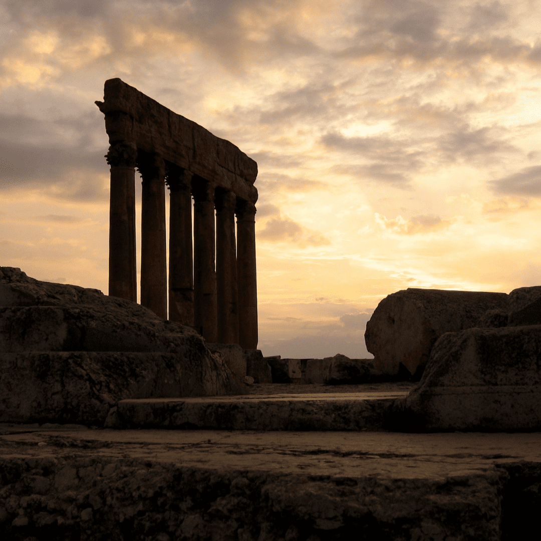 Roman ruins with dramatic sky